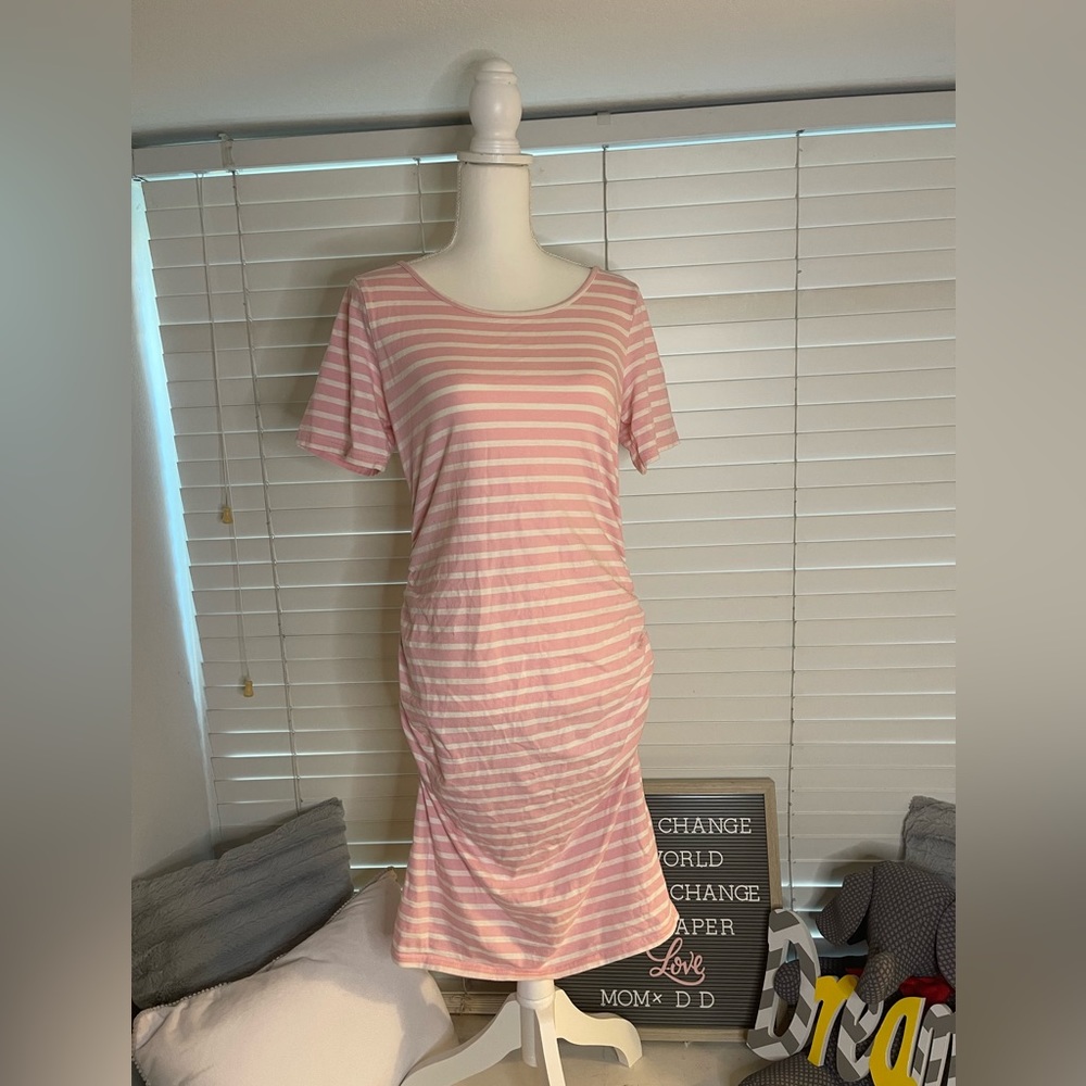 BHome Fitted pink/white striped MIDI dress (maternity friendly)